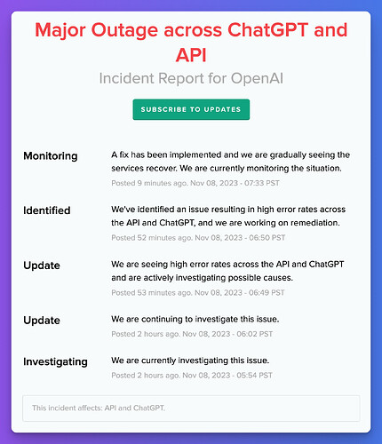 Major Outage across ChatGPT and API - A fix has been implemented