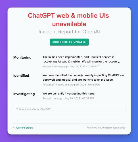 The fix has been implemented, and ChatGPT service is recovering for web & mobile.