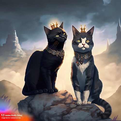 Firefly Black cat and grey and white tabby cat standing on top of a mountain with crowns 89777