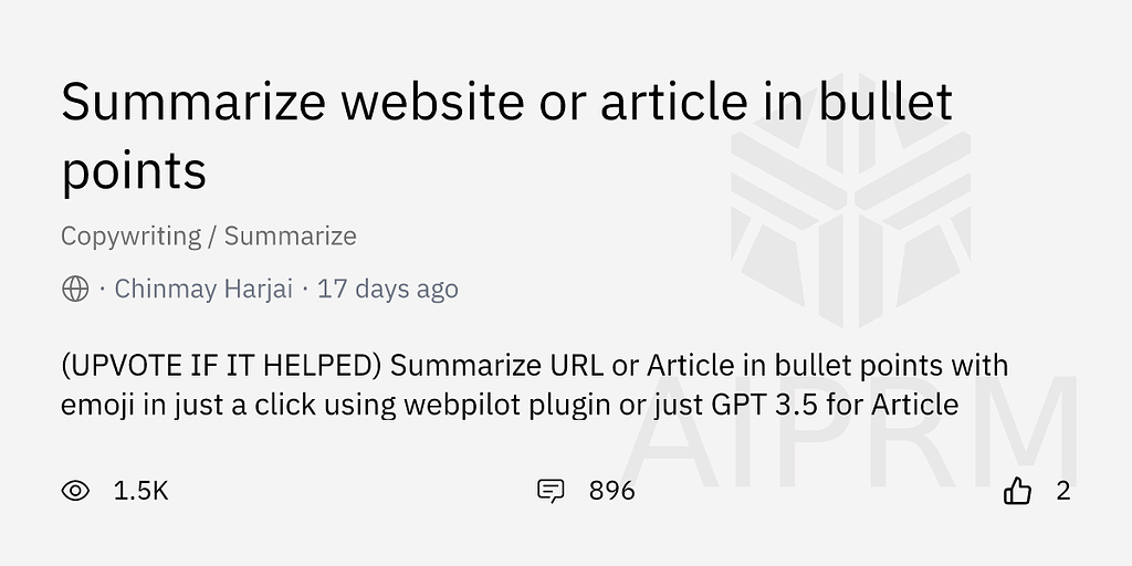 Website Summarizer Using Link With Webpilot Plugin Promote Your AIPRM Prompt AIPRM Community