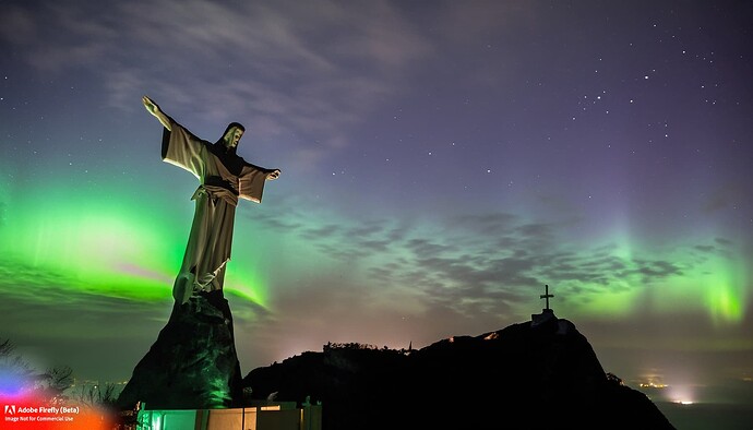 Firefly Christ the Redeemer at night time with lots of moonlight and the aurora lights 76879