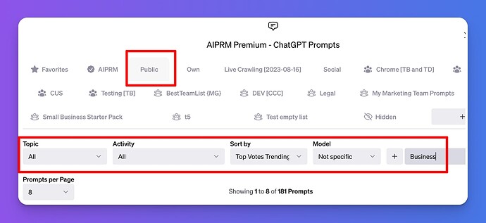 Public Prompt Templates with active filters by Topic, Activity, and Model.